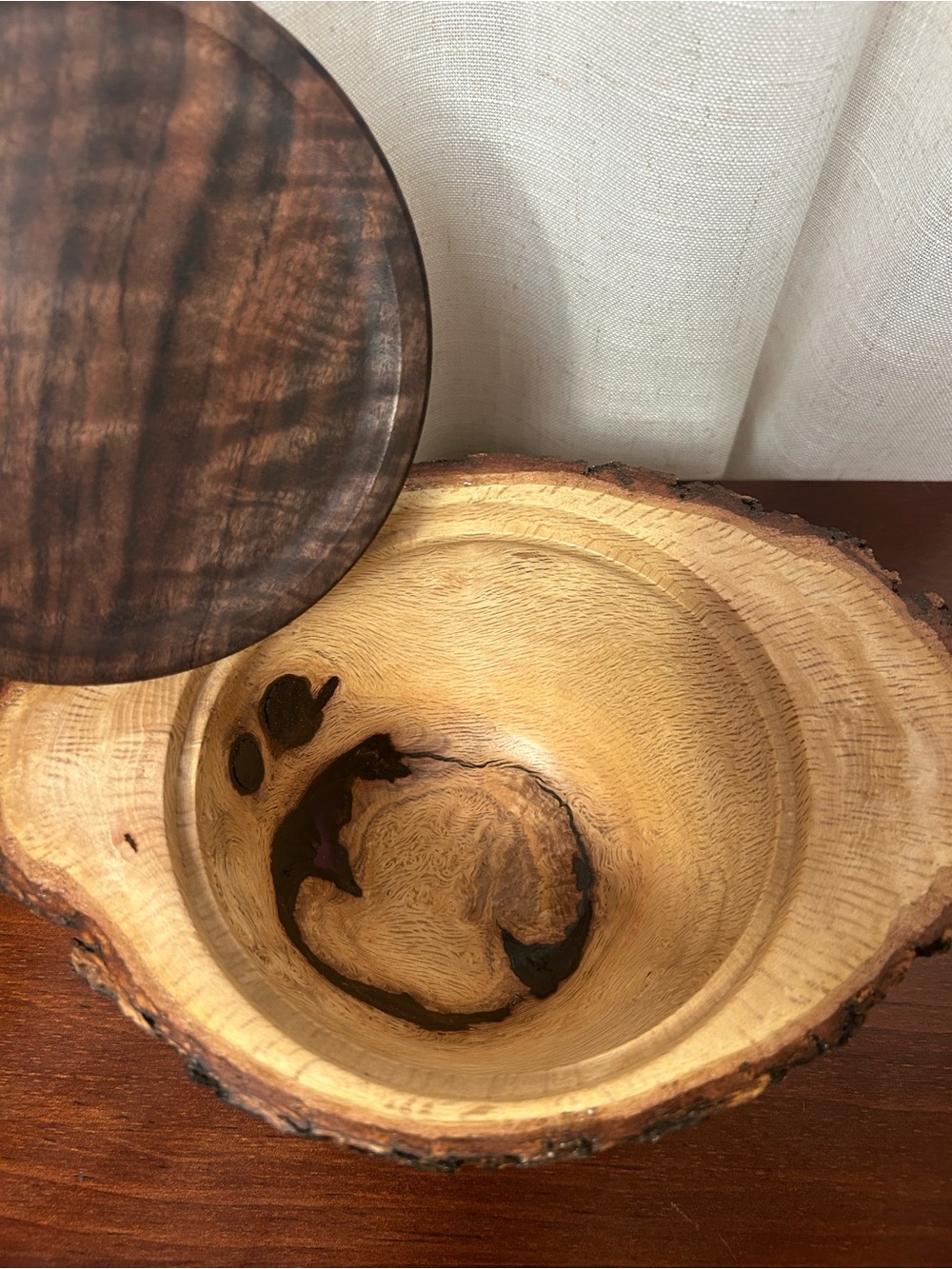 Handcrafted Oak Burl Bowl with Walnut Lid Live Edge Artisan Woodworking Decor - Picture 7 of 10
